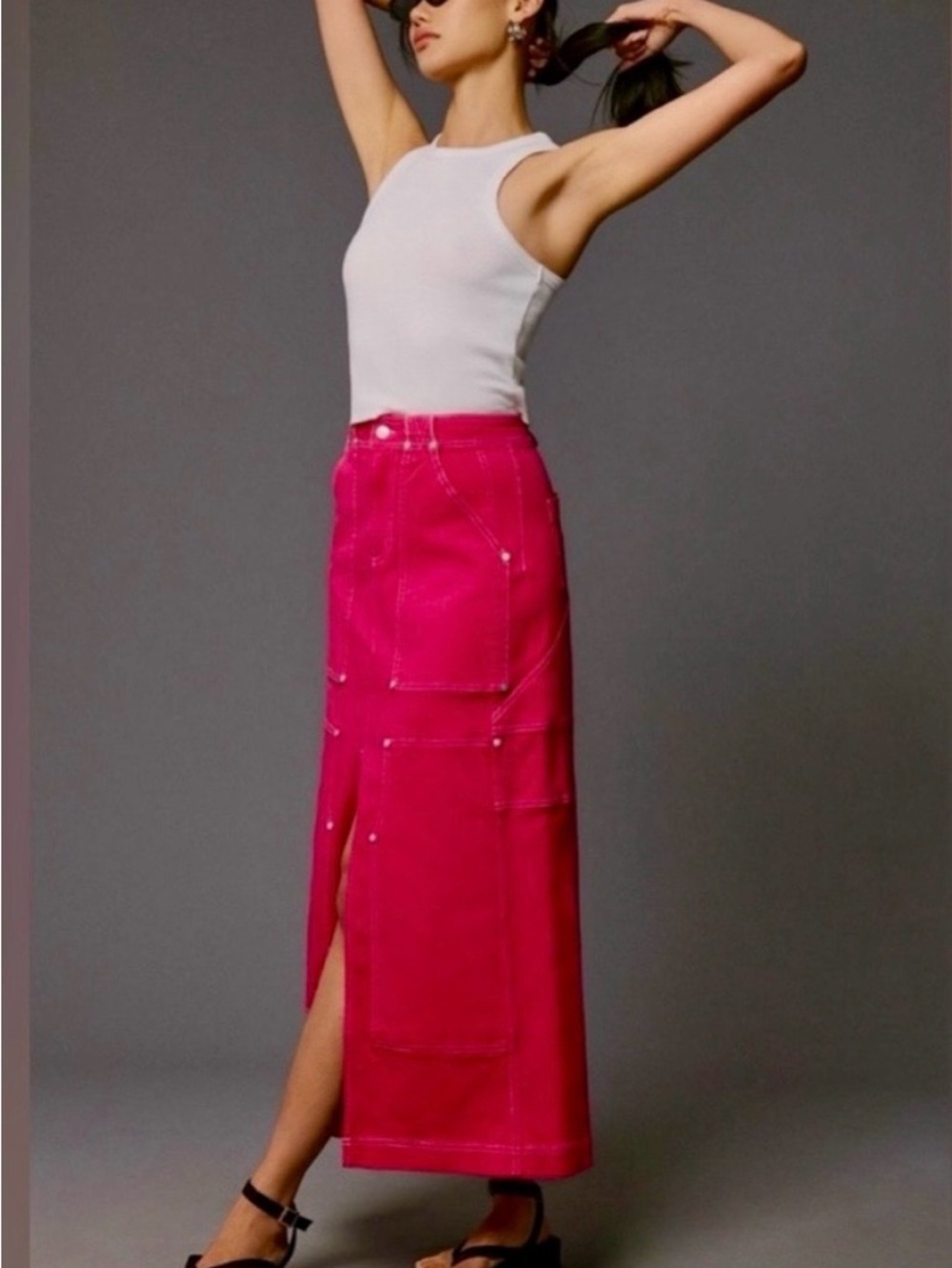 Anthropologie Pink Maxi Patch-Pocket Skirt with Slit